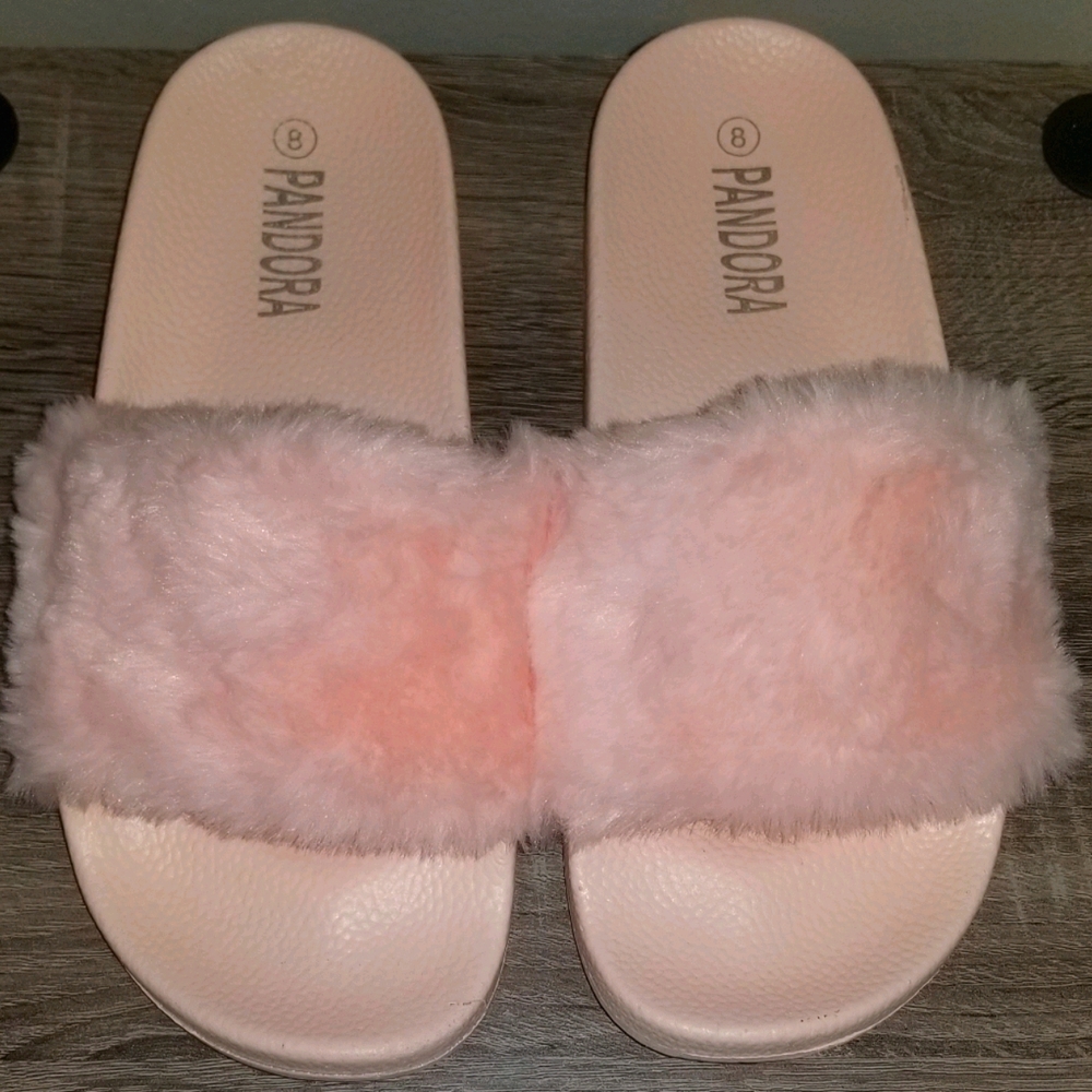 Pink Faux Fur Slide Slippers Size 8